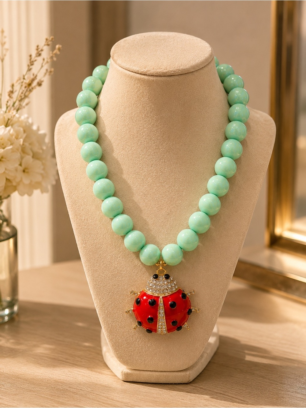 NWOT Handmade Mint Green Acrylic Beaded Red Gold Tone Ladybug Statement Necklace